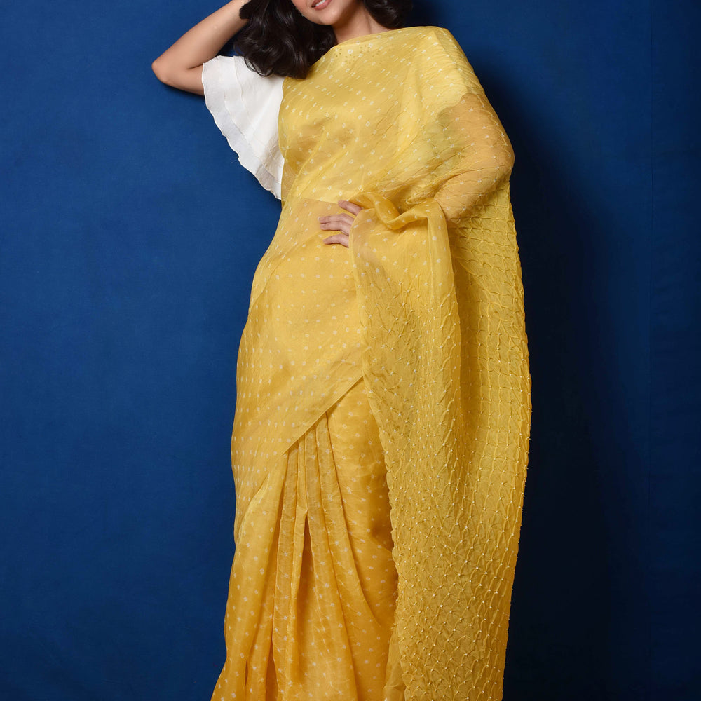 Bandhani on Pure Organza Saree in Pale Yellow