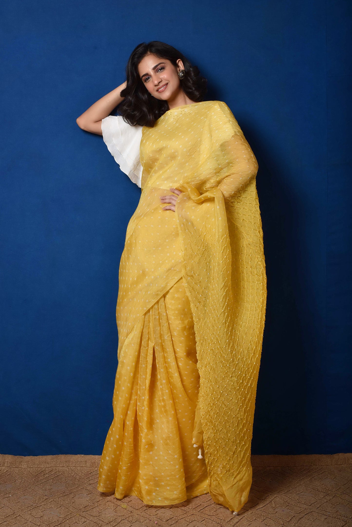 Bandhani on Pure Organza Saree in Pale Yellow