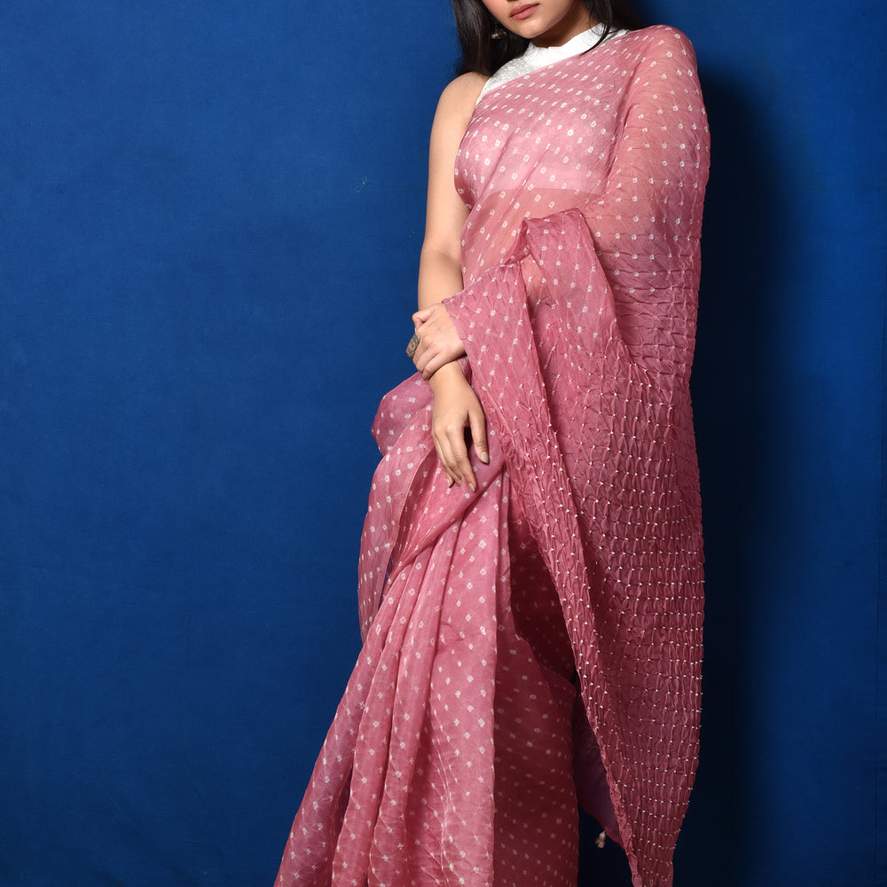 Bandhani on Pure Organza Saree in Onion Pink