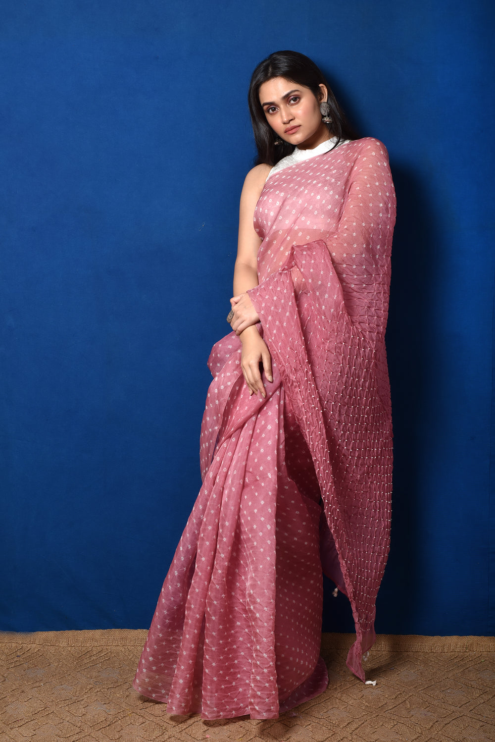 Bandhani on Pure Organza Saree in Onion Pink