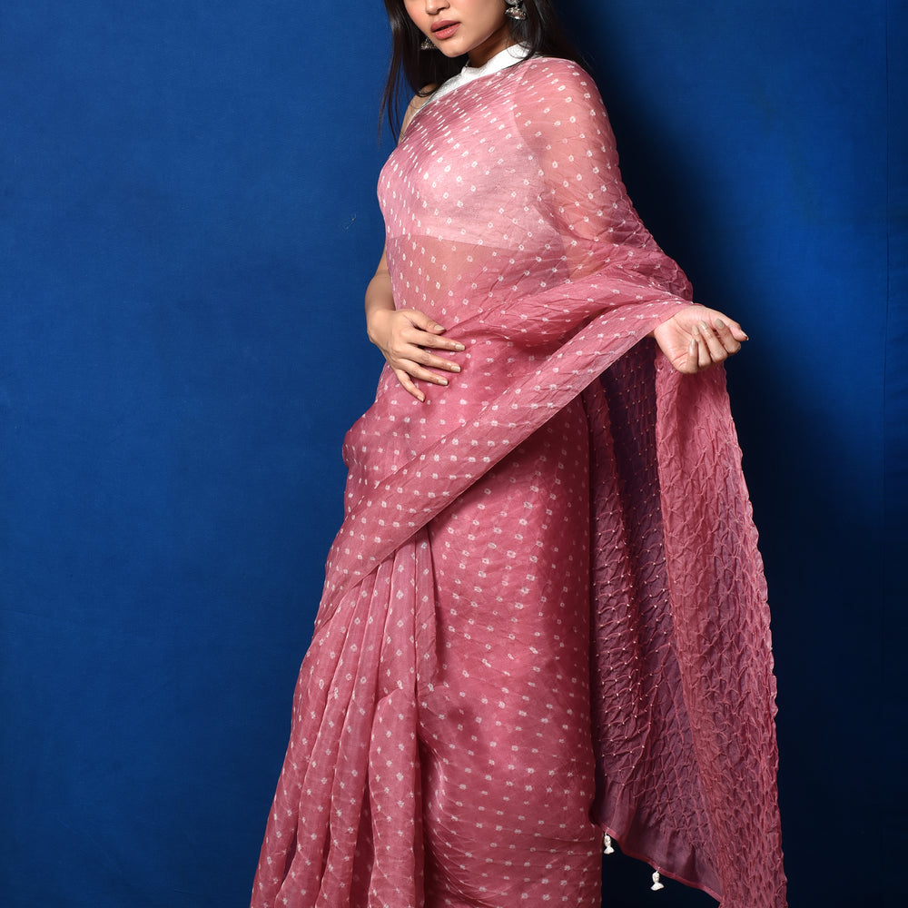 Bandhani on Pure Organza Saree in Onion Pink