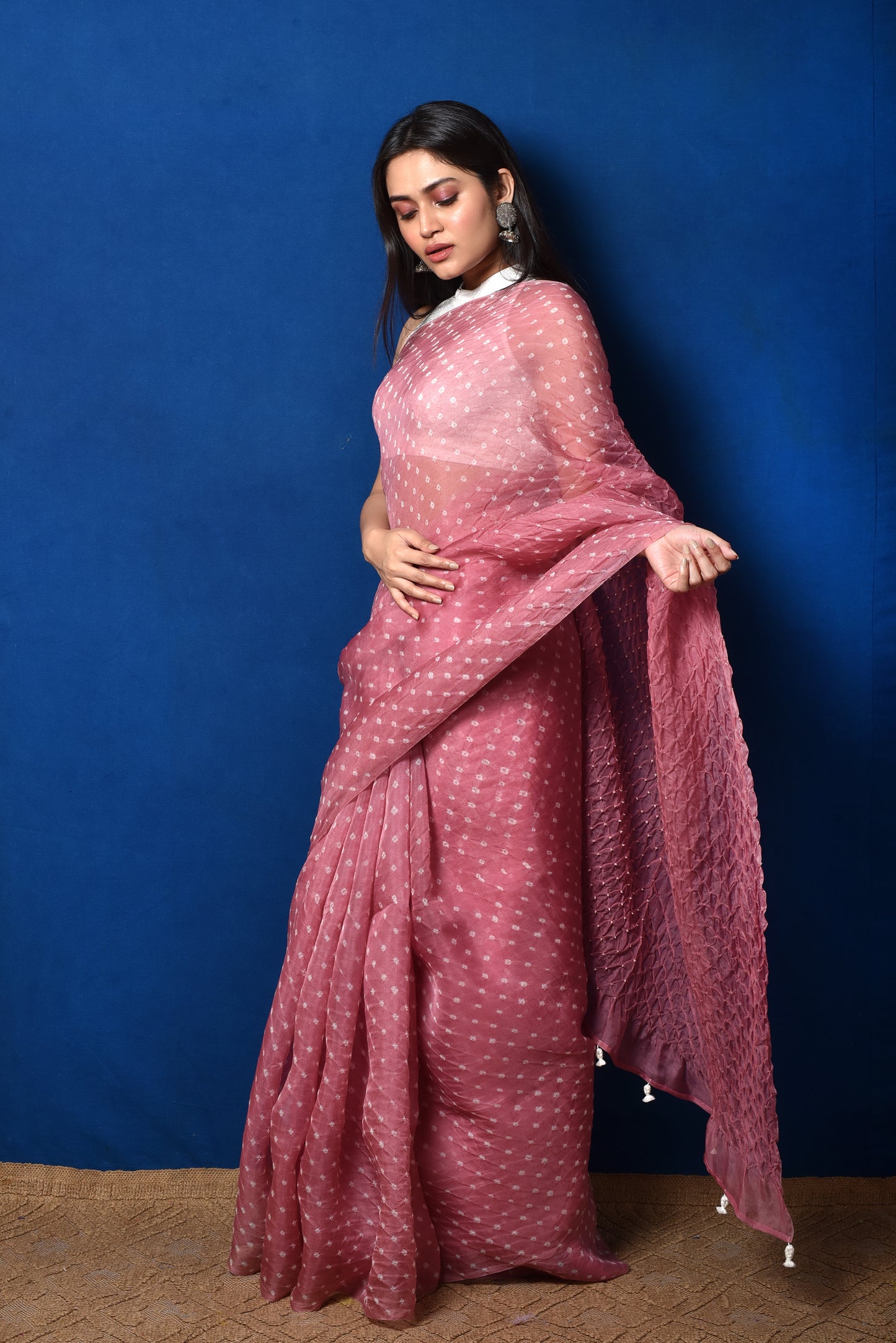 Bandhani on Pure Organza Saree in Onion Pink