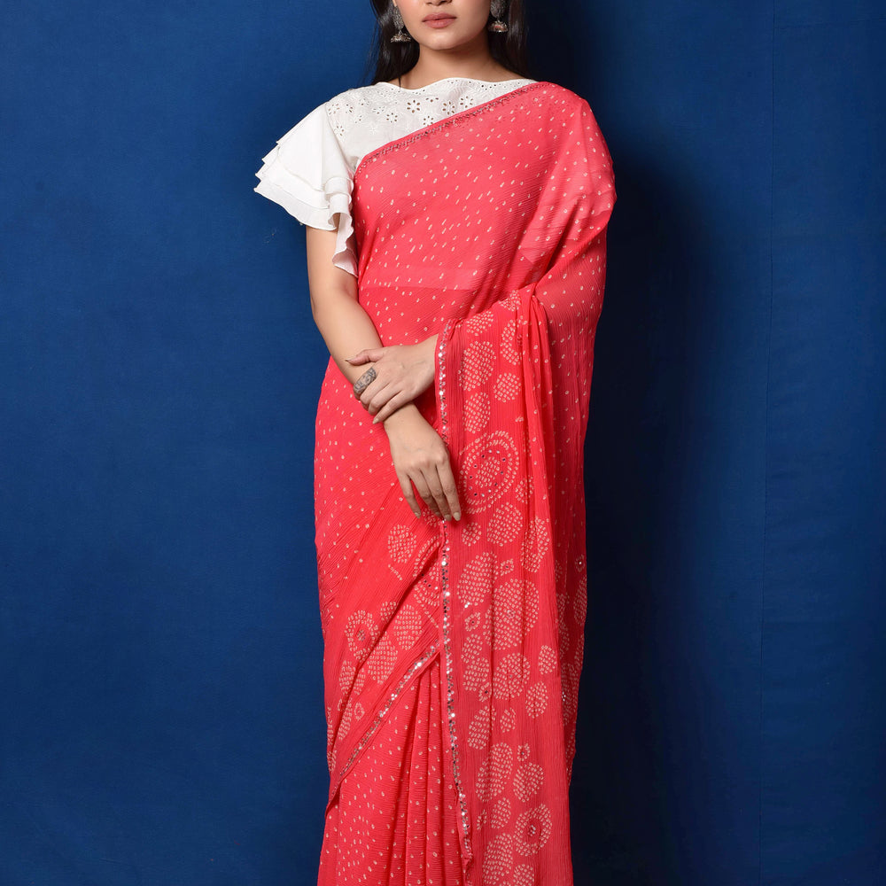 Dark Peach Bandhani on Pure Chiffon Saree