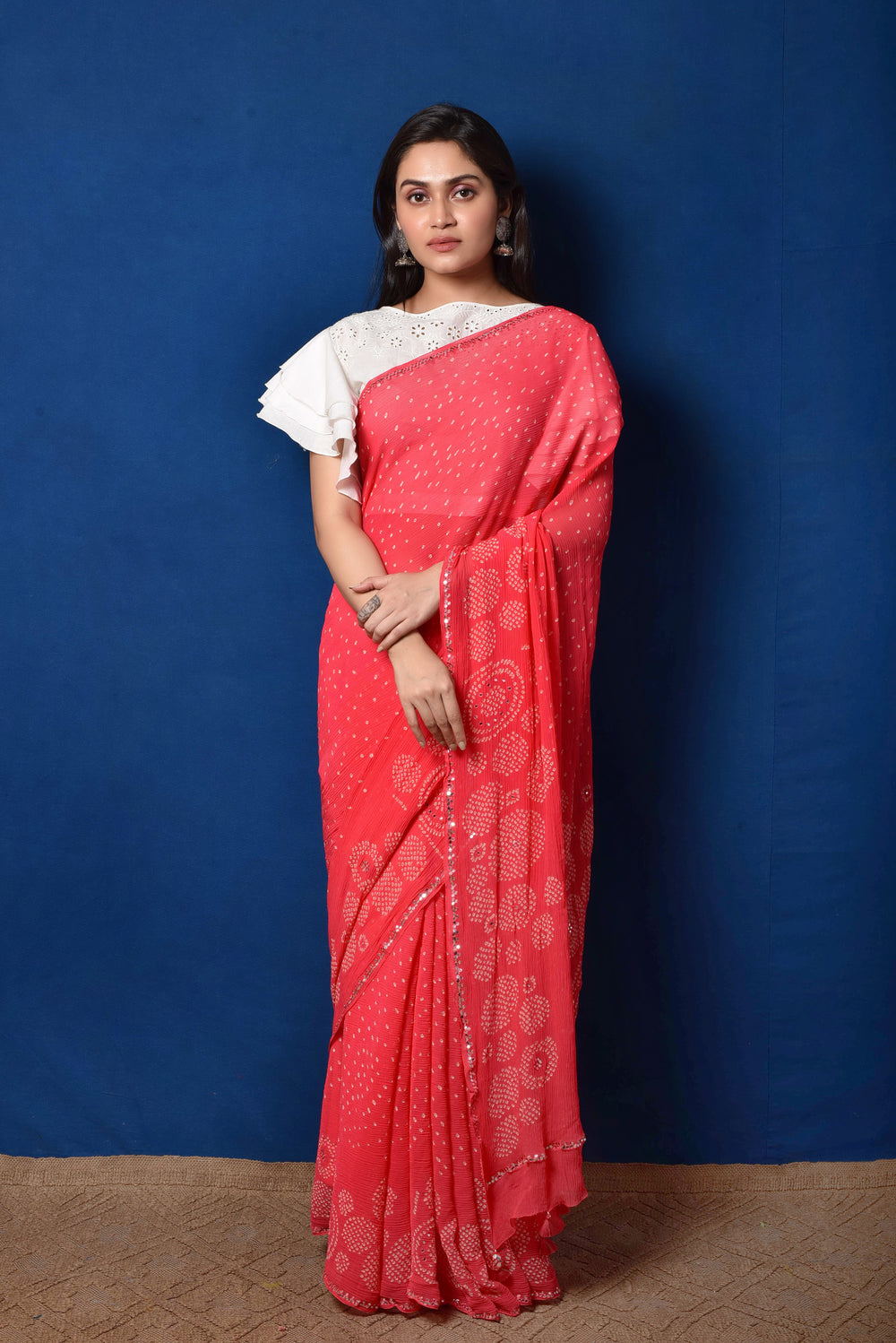 Dark Peach Bandhani on Pure Chiffon Saree