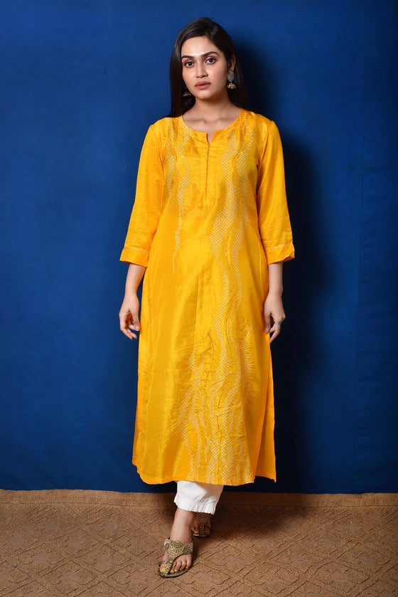 Waves Design Bandhani Pure Silk Kurta in Yellow