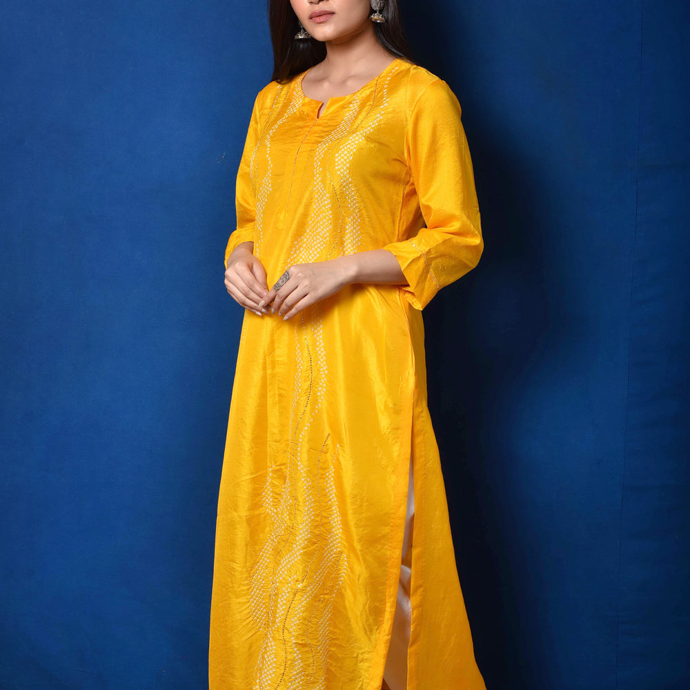 
                      
                        Waves Design Bandhani Pure Silk Kurta in Yellow
                      
                    