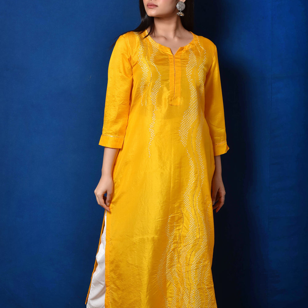 
                      
                        Waves Design Bandhani Pure Silk Kurta in Yellow
                      
                    