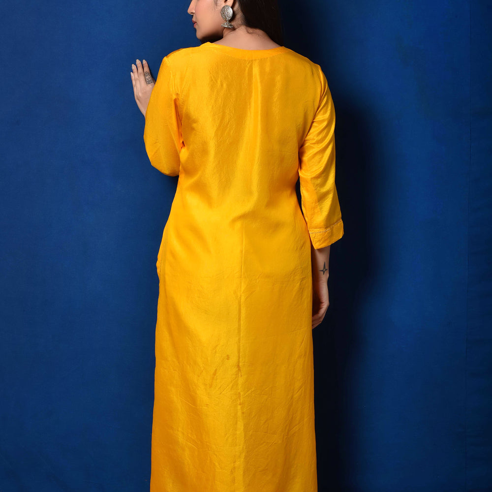 
                      
                        Waves Design Bandhani Pure Silk Kurta in Yellow
                      
                    