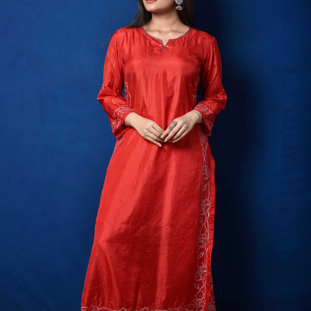 Red Bandhani on Silk Kurta with Mirror Work