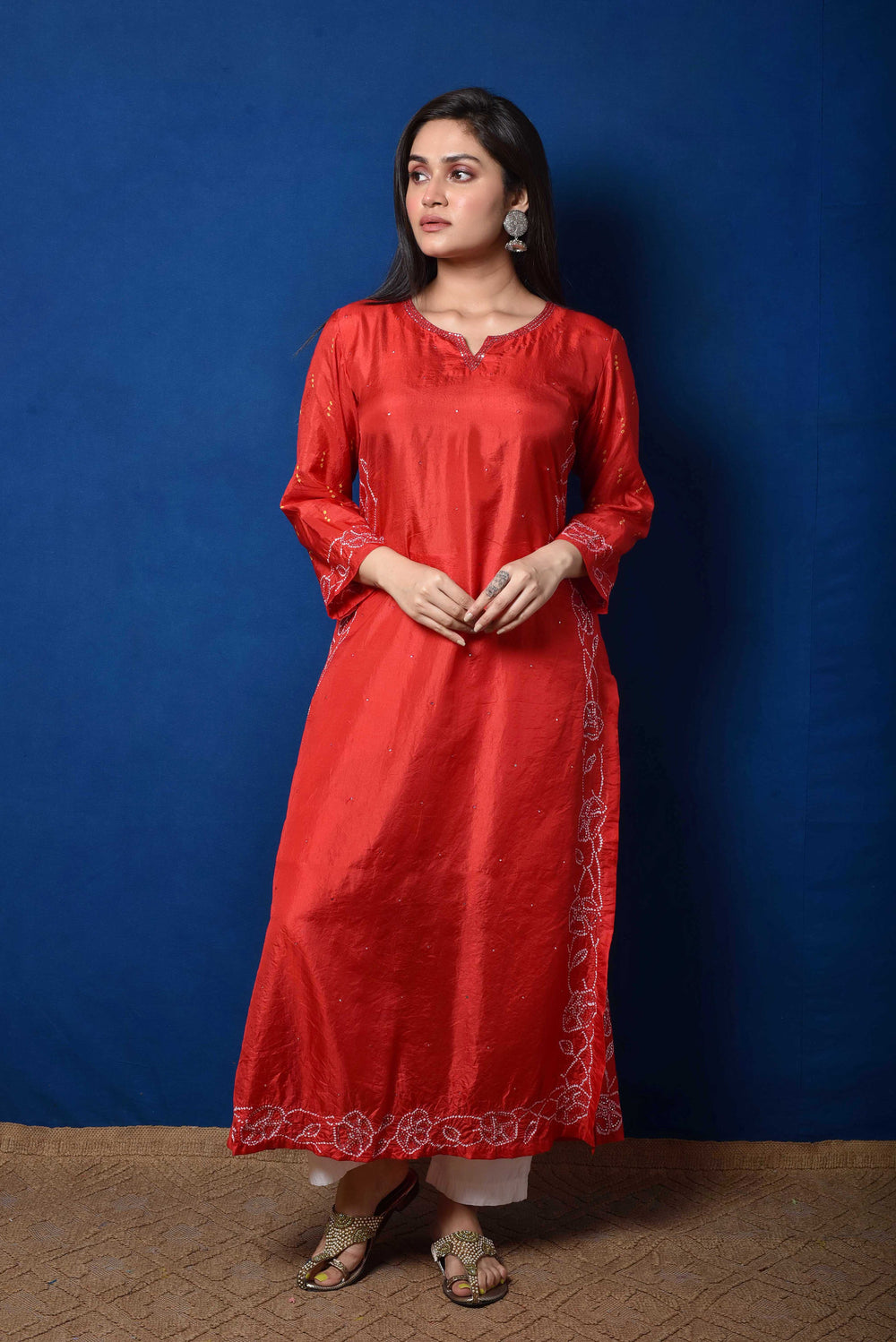 Red Bandhani on Silk Kurta with Mirror Work