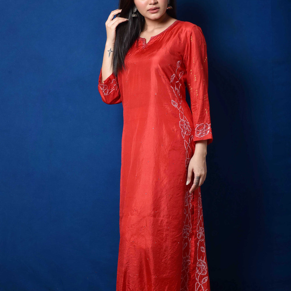 Red Bandhani on Silk Kurta with Mirror Work