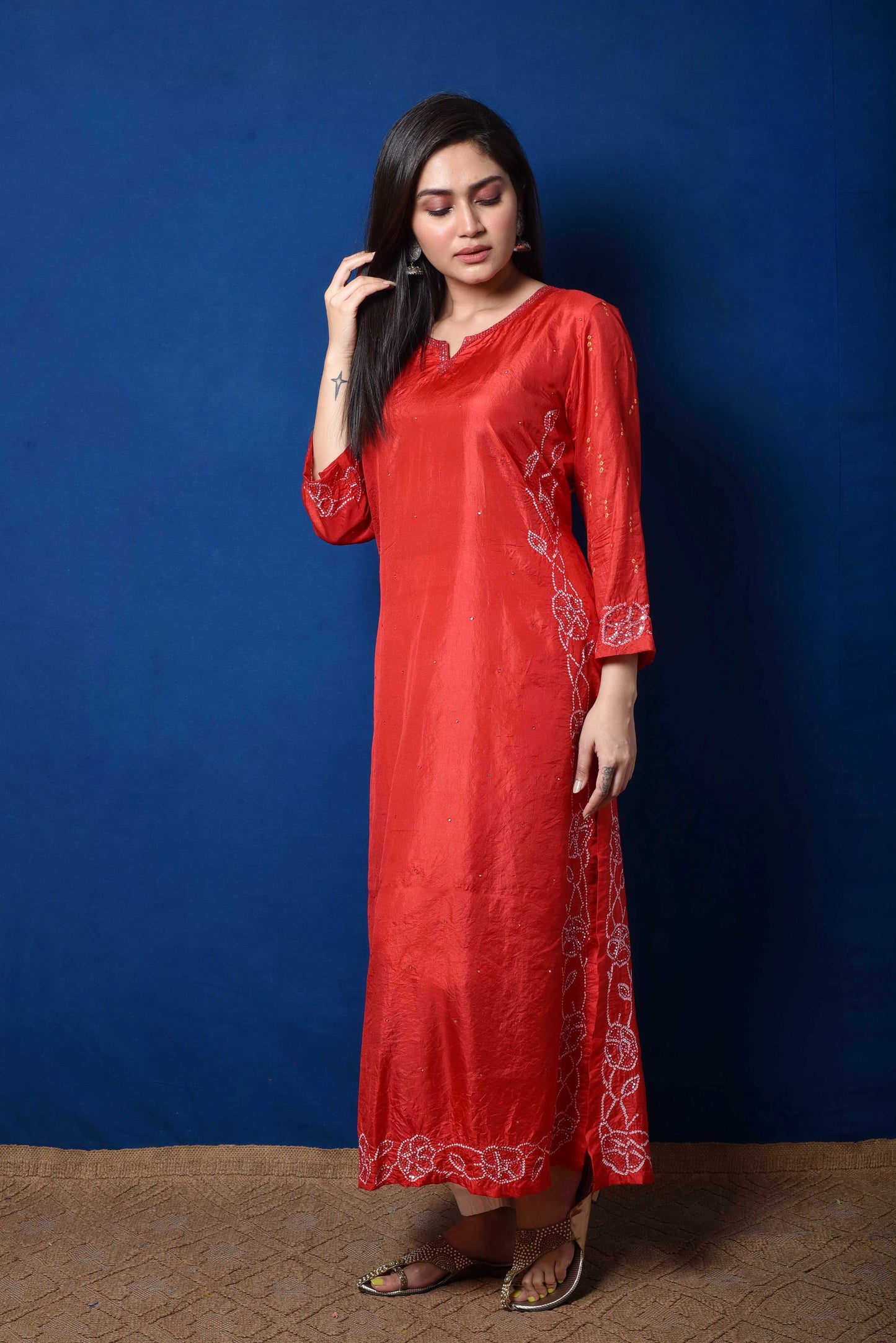 Red Bandhani on Silk Kurta with Mirror Work