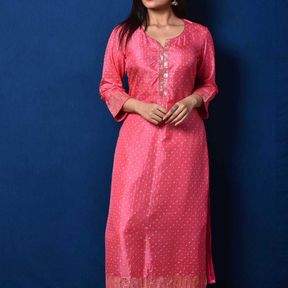 Deep Pink Bandhani on Silk Kurta with Mirror Work