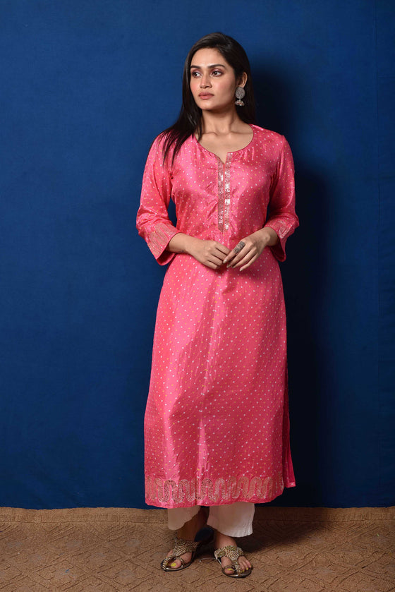 Deep Pink Bandhani on Silk Kurta with Mirror Work