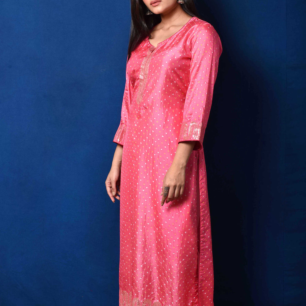 Deep Pink Bandhani on Silk Kurta with Mirror Work