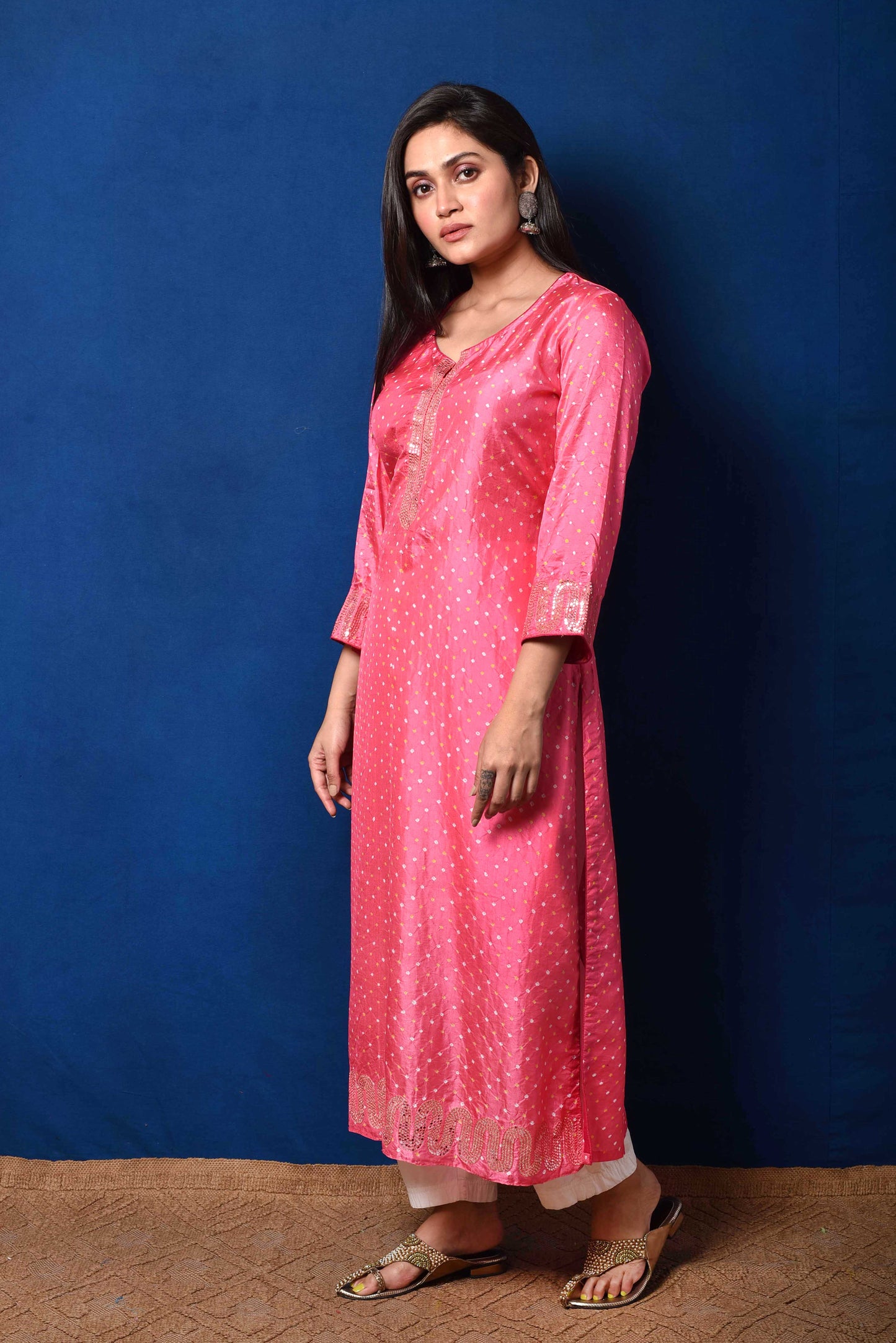 Deep Pink Bandhani on Silk Kurta with Mirror Work