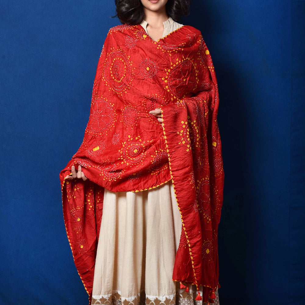 Red Yellow Bandhani on Gaji Silk Dupatta