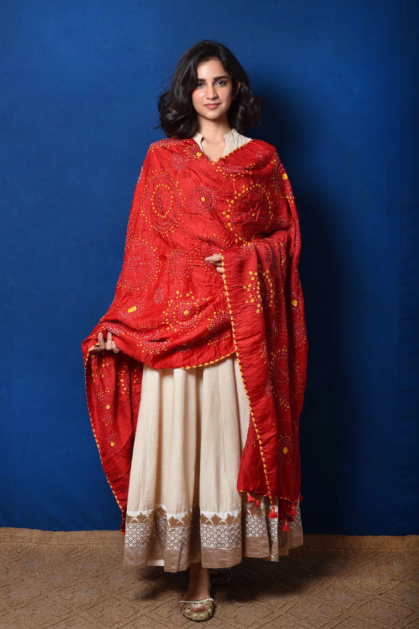 Red Yellow Bandhani on Gaji Silk Dupatta