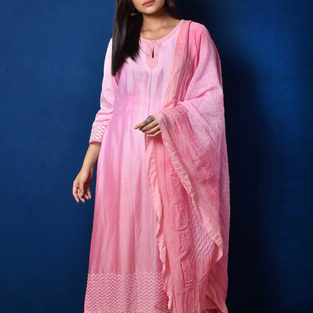 
                      
                        Chanderi Suit Set with Cotton Bandhani Dupatta - Pink
                      
                    