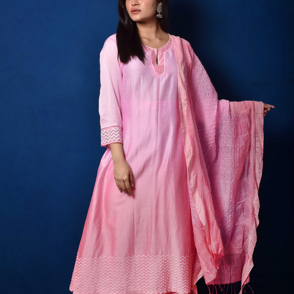 
                      
                        Chanderi Suit Set with Cotton Bandhani Dupatta - Pink
                      
                    