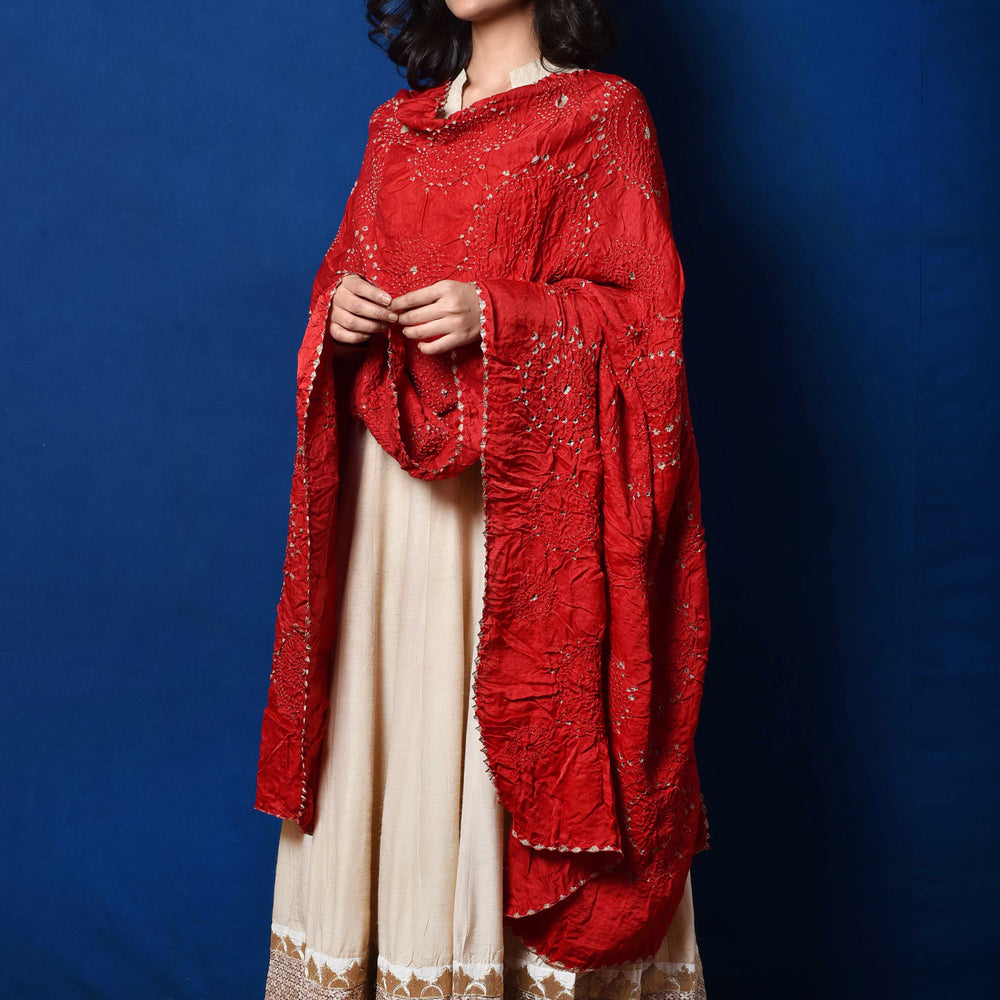 Red Grey Bandhani on Gaji Silk Dupatta