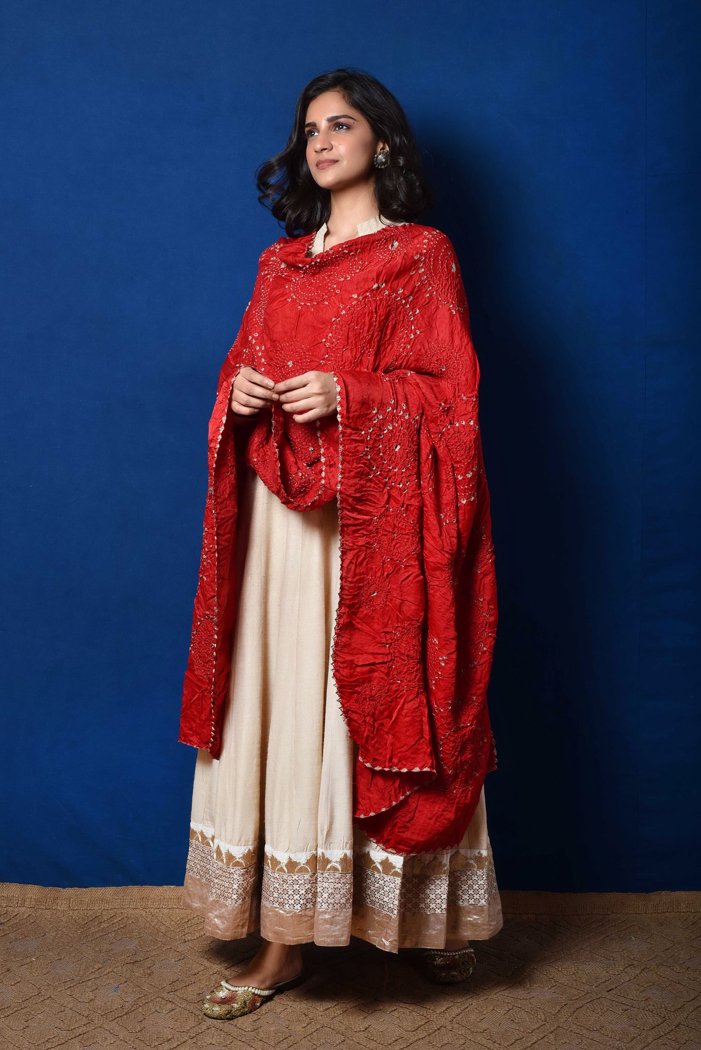 Red Grey Bandhani on Gaji Silk Dupatta