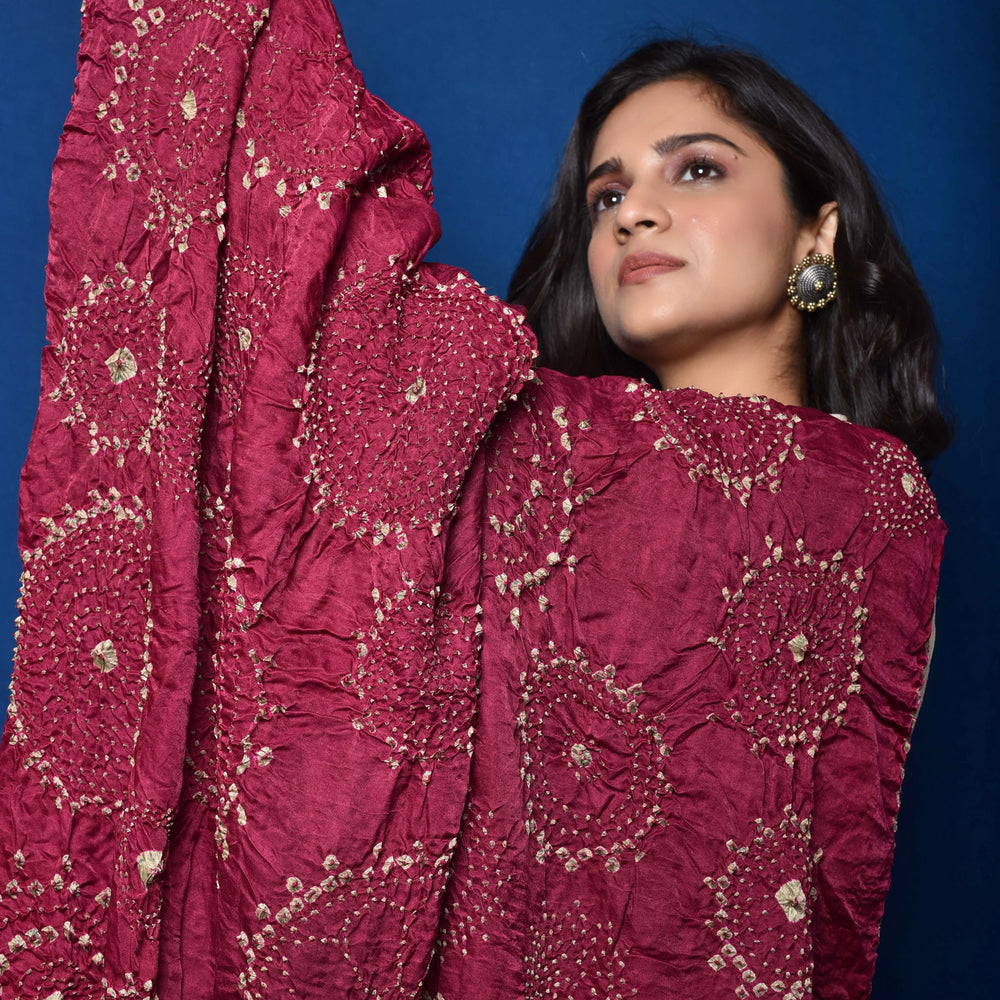 Wine Bandhani on Gaji Silk Dupatta