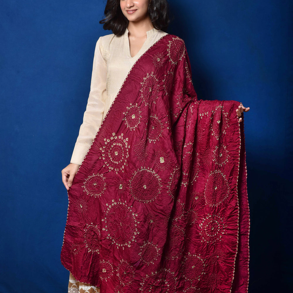 
                      
                        Wine Bandhani on Gaji Silk Dupatta
                      
                    