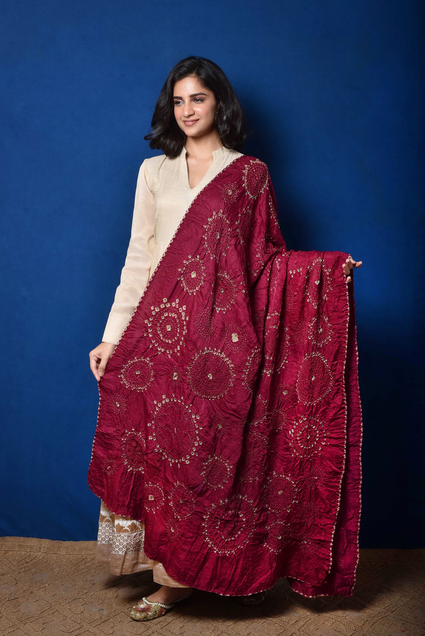 Wine Bandhani on Gaji Silk Dupatta