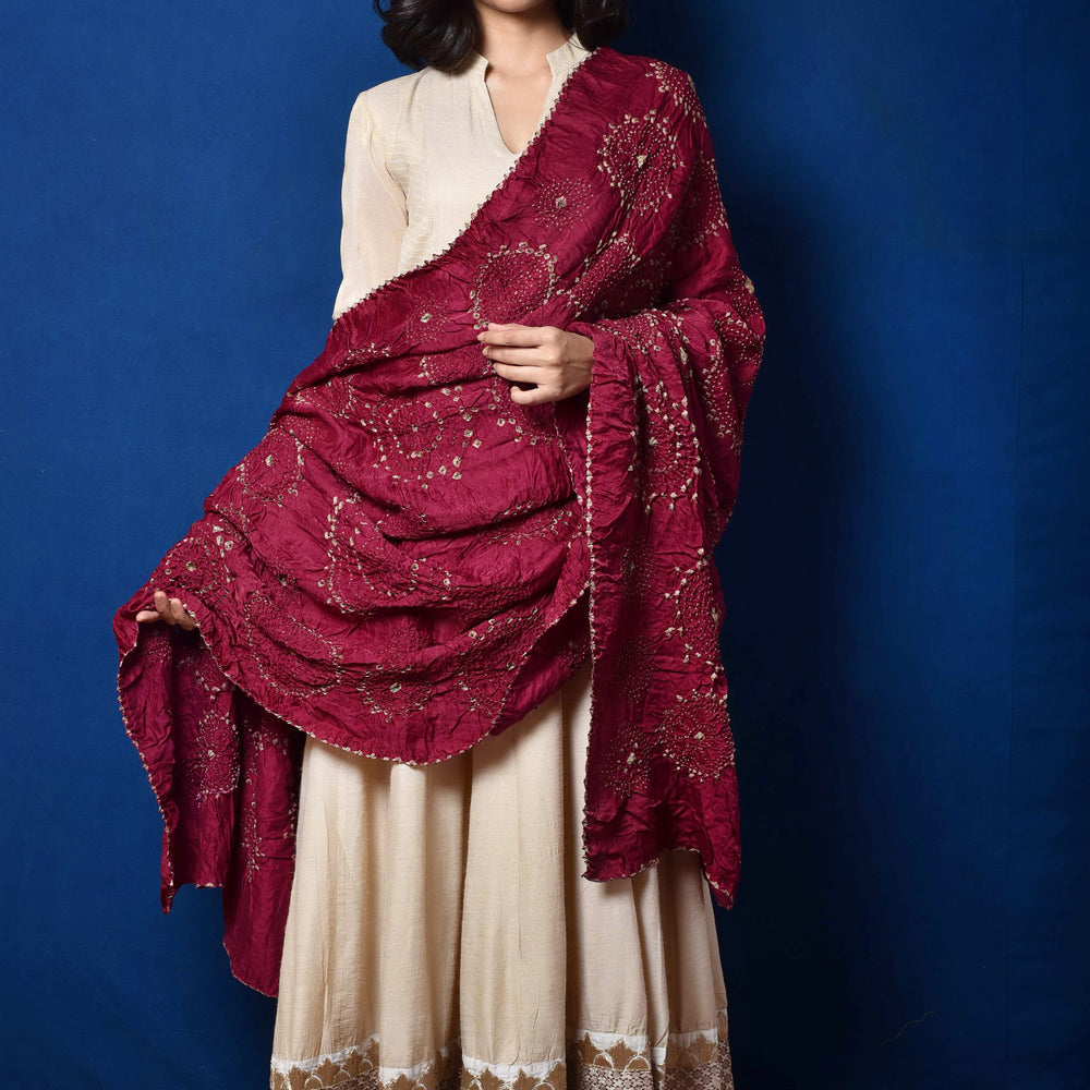 
                      
                        Wine Bandhani on Gaji Silk Dupatta
                      
                    