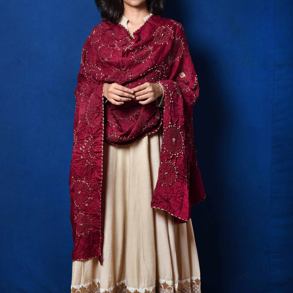 
                      
                        Wine Bandhani on Gaji Silk Dupatta
                      
                    