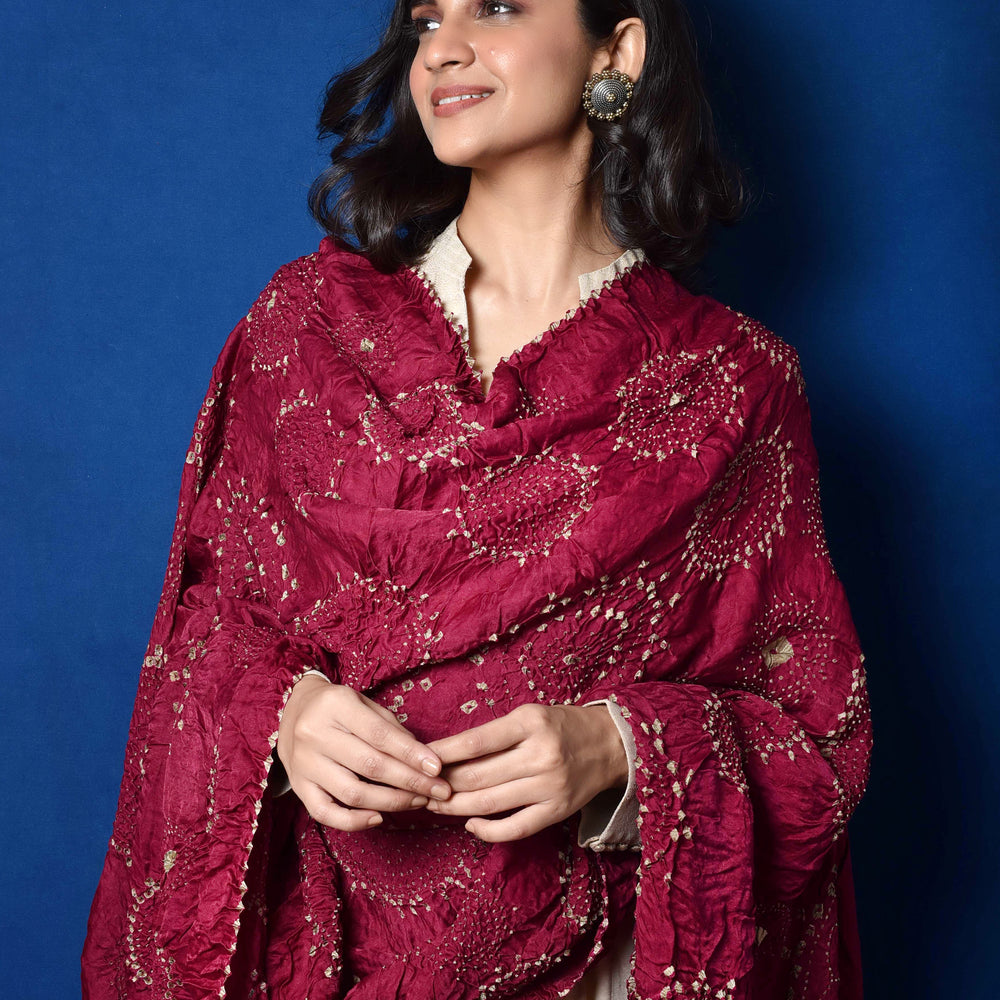 
                      
                        Wine Bandhani on Gaji Silk Dupatta
                      
                    