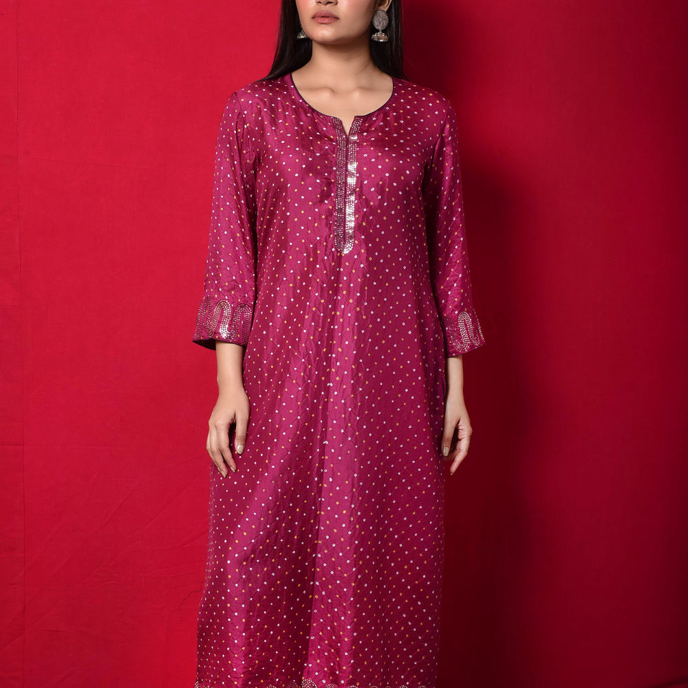 Magenta Bandhani on Silk Kurta with Mirror Work