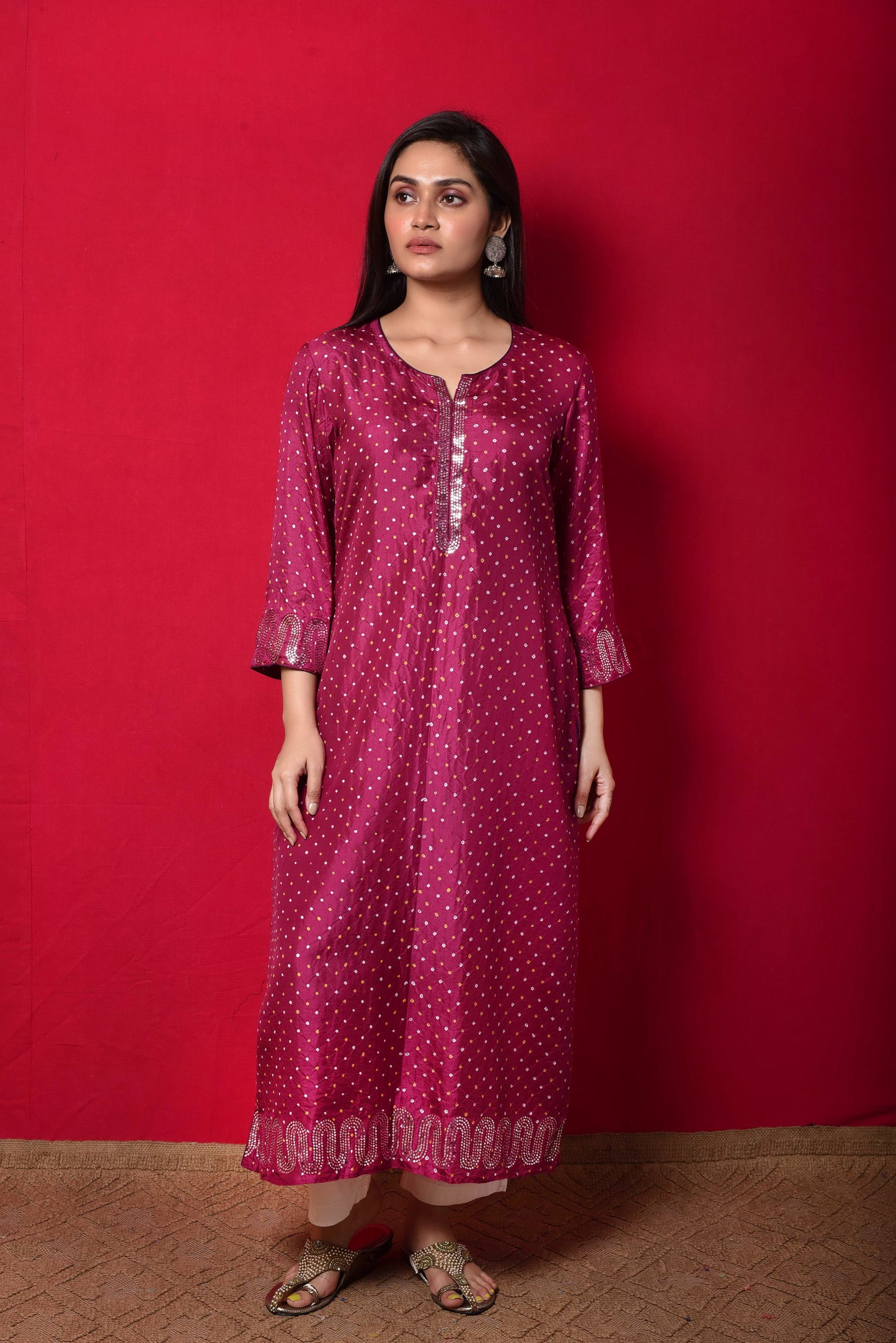 Magenta Bandhani on Silk Kurta with Mirror Work