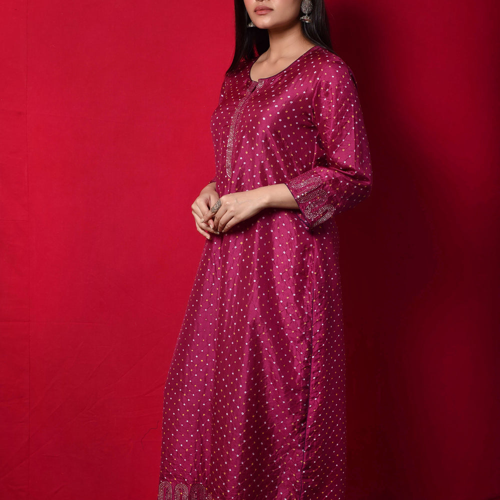 Magenta Bandhani on Silk Kurta with Mirror Work