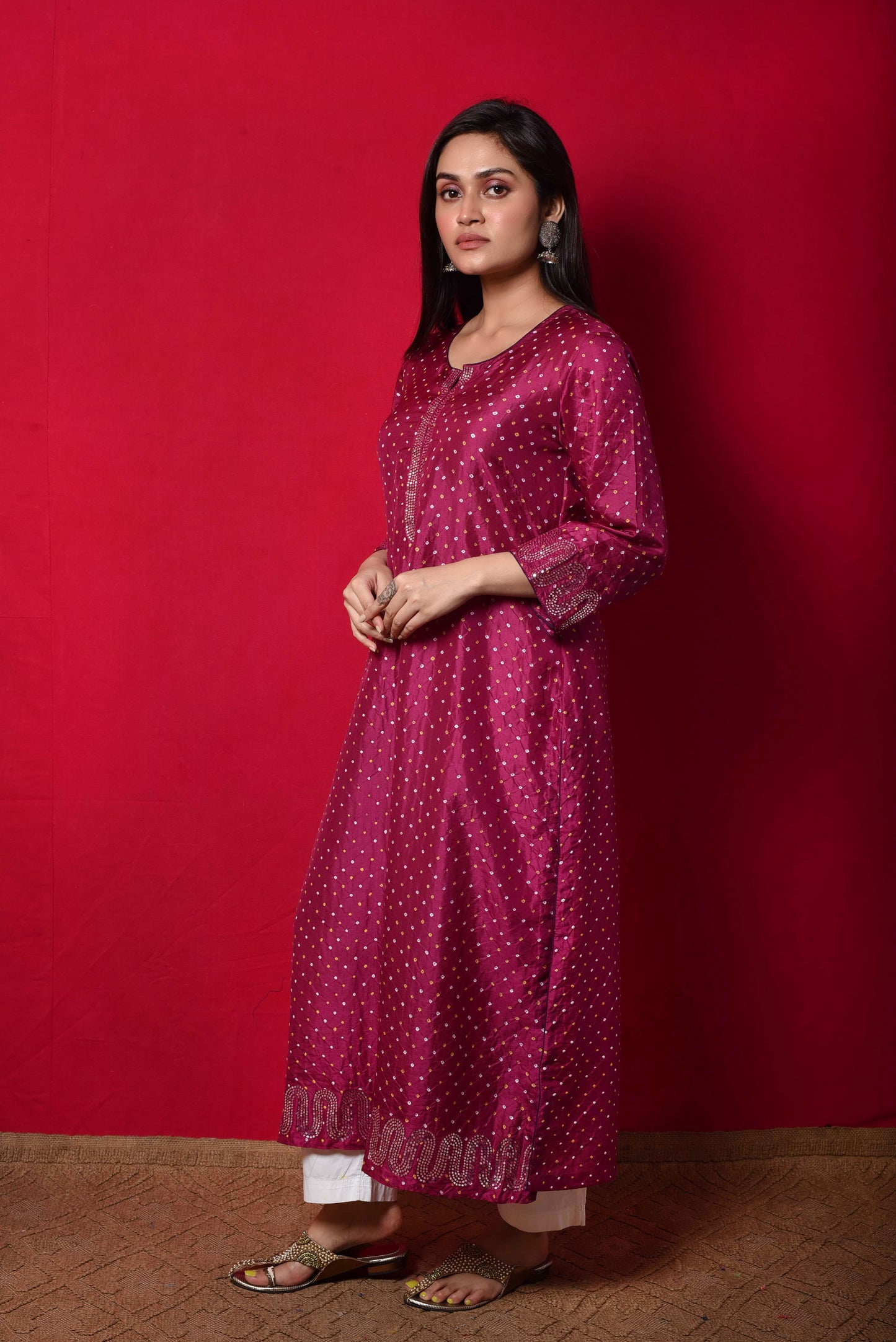 Magenta Bandhani on Silk Kurta with Mirror Work