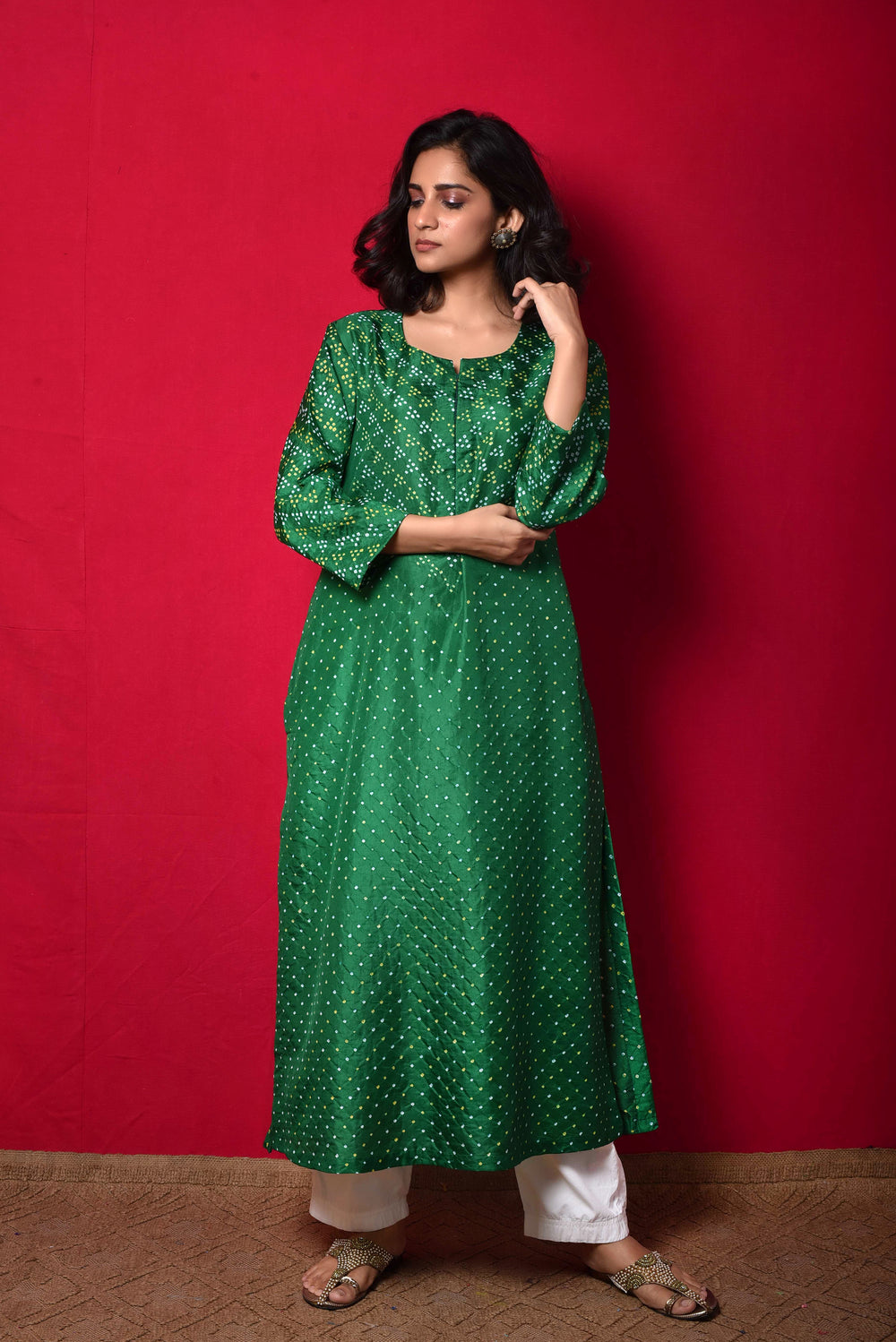 Bandhani on Pure Silk Kurta in Green