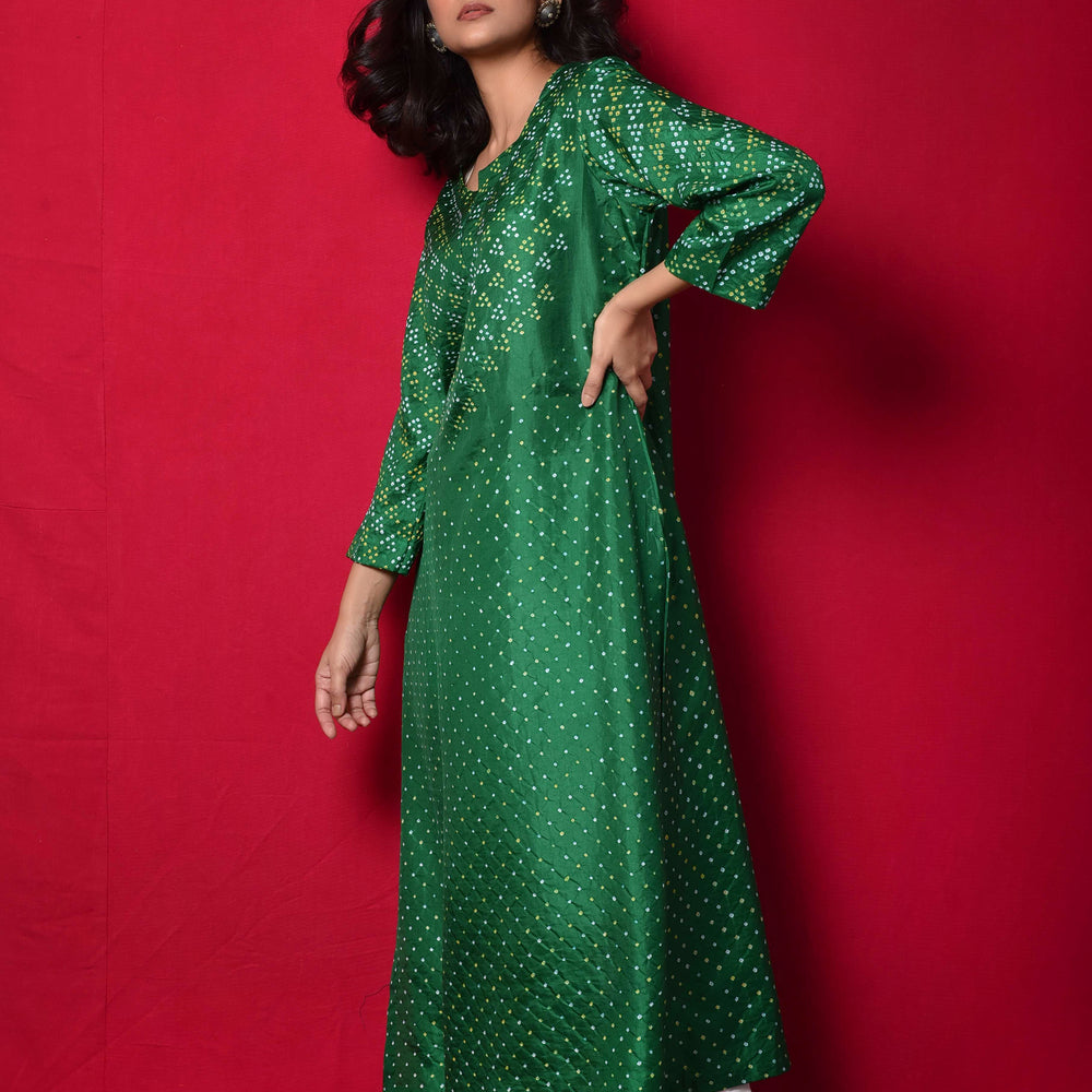 
                      
                        Bandhani on Pure Silk Kurta in Green
                      
                    