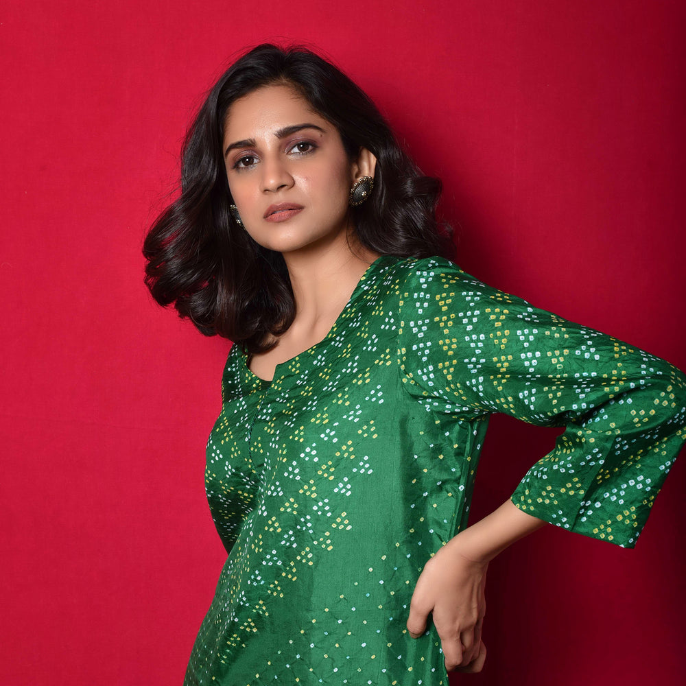 Bandhani on Pure Silk Kurta in Green