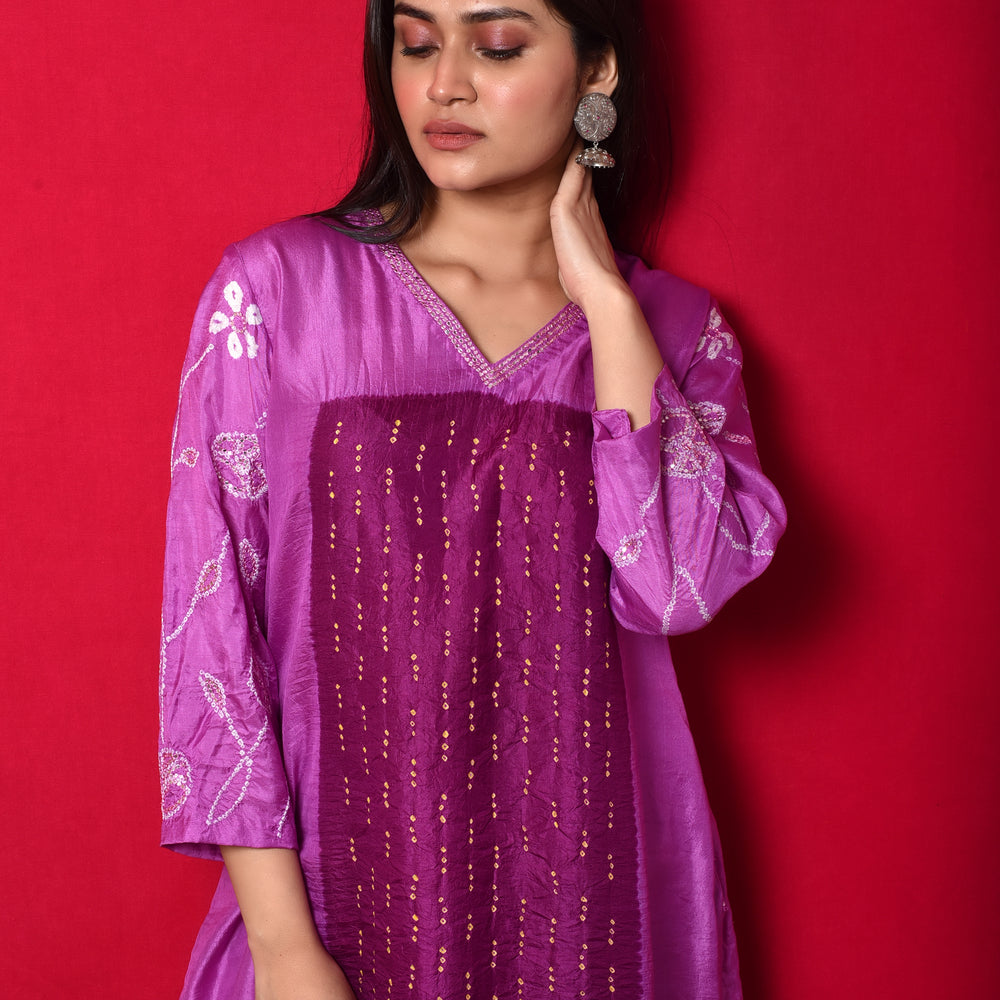 
                      
                        Purple Bandhani on Silk Kurta with Mirror Work
                      
                    