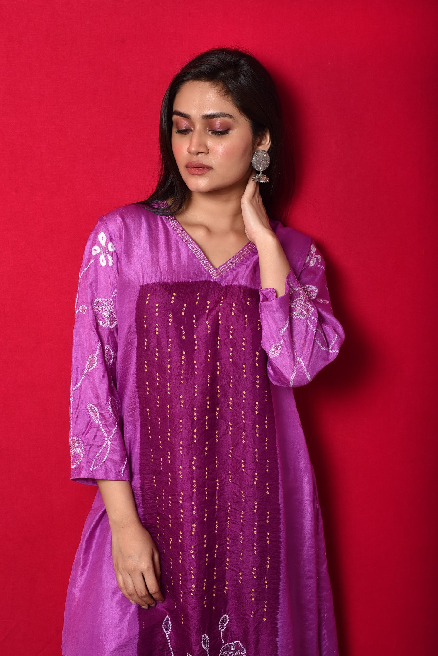 Purple Bandhani on Silk Kurta with Mirror Work