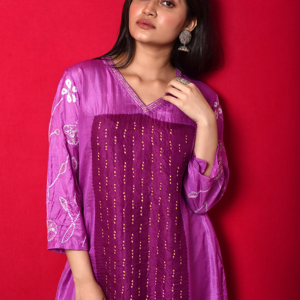 
                      
                        Purple Bandhani on Silk Kurta with Mirror Work
                      
                    