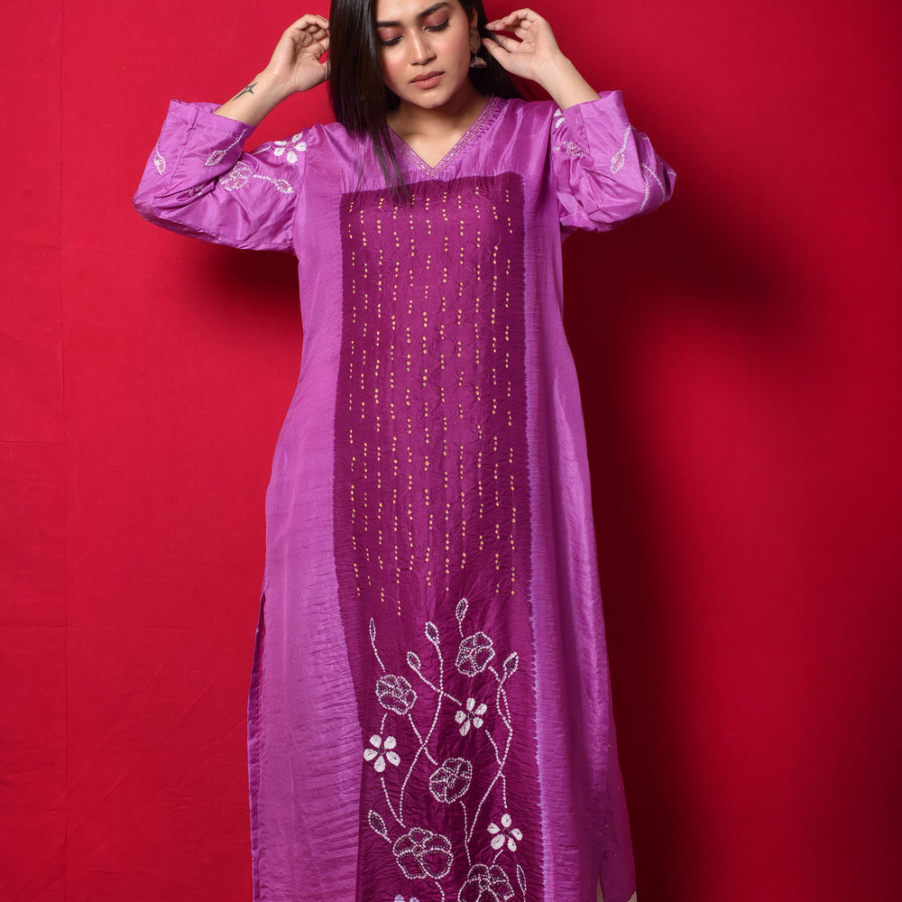 Purple Bandhani on Silk Kurta with Mirror Work