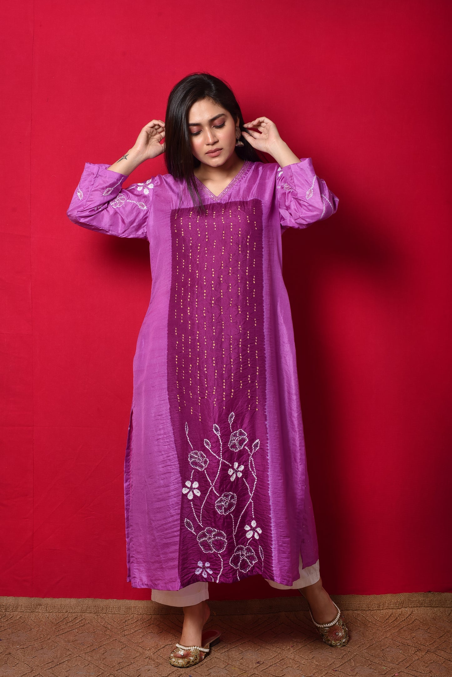 Purple Bandhani on Silk Kurta with Mirror Work