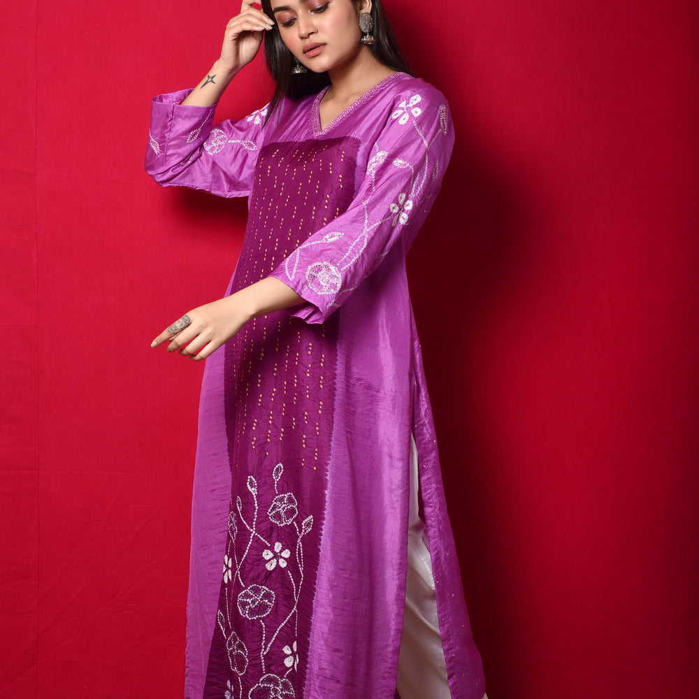 
                      
                        Purple Bandhani on Silk Kurta with Mirror Work
                      
                    