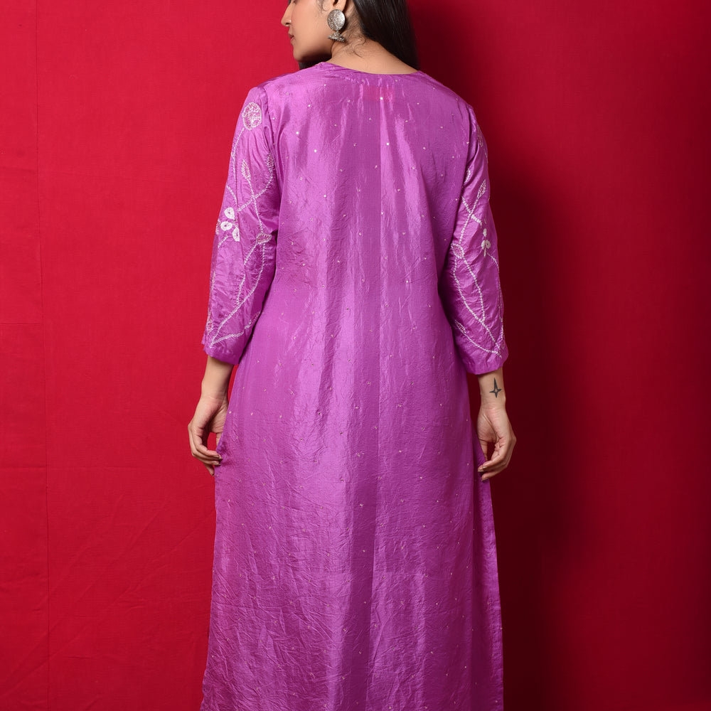 
                      
                        Purple Bandhani on Silk Kurta with Mirror Work
                      
                    