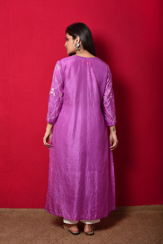 Purple Bandhani on Silk Kurta with Mirror Work