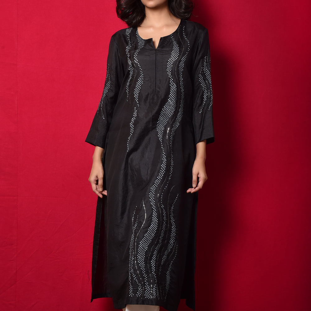 
                      
                        Waves Design Bandhani Pure Silk Kurta in Black
                      
                    