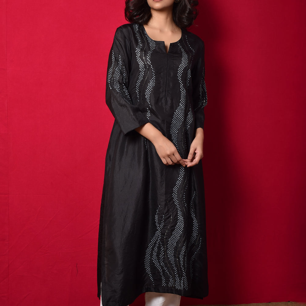 
                      
                        Waves Design Bandhani Pure Silk Kurta in Black
                      
                    