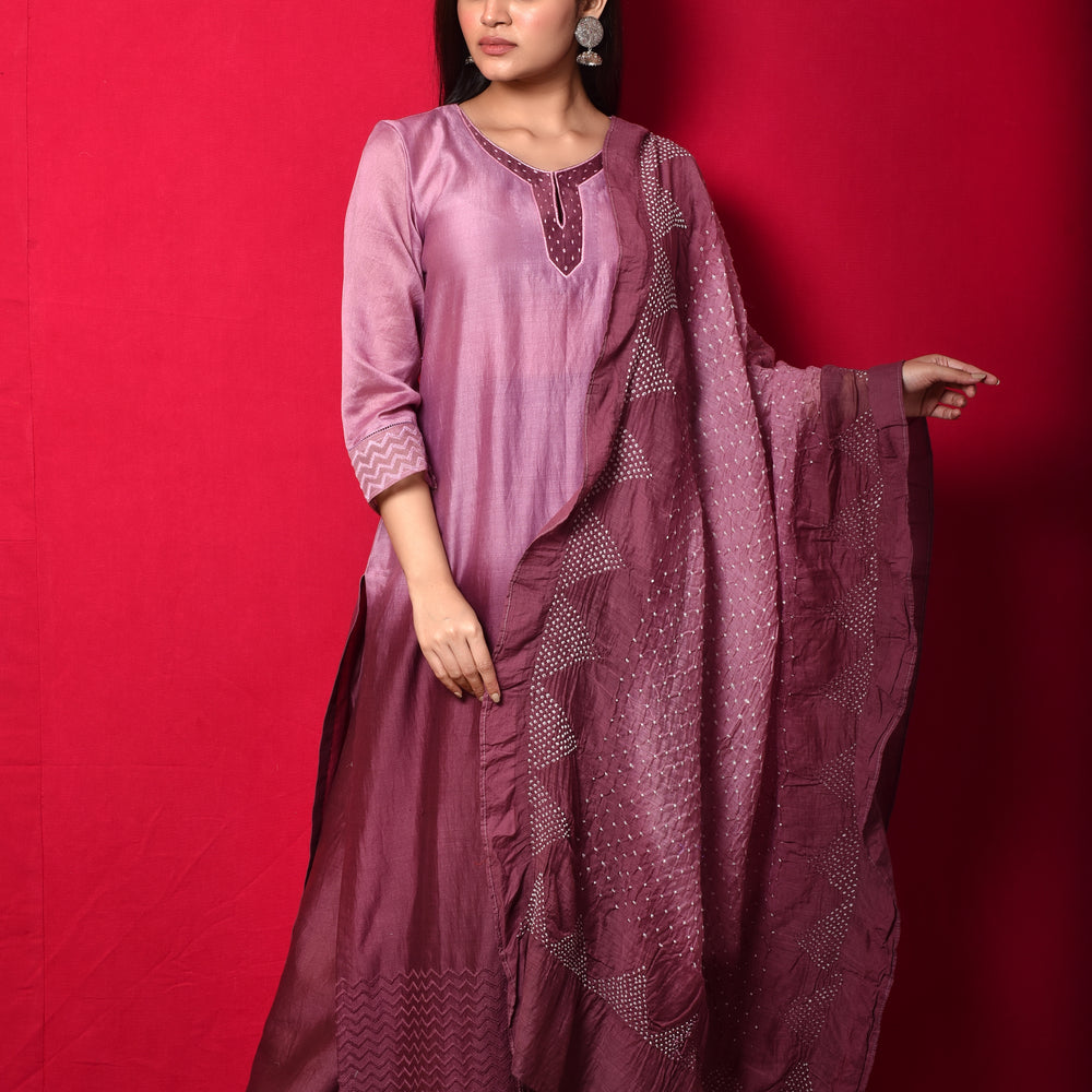 Chanderi Suit Set with Cotton Bandhani Dupatta - Wine